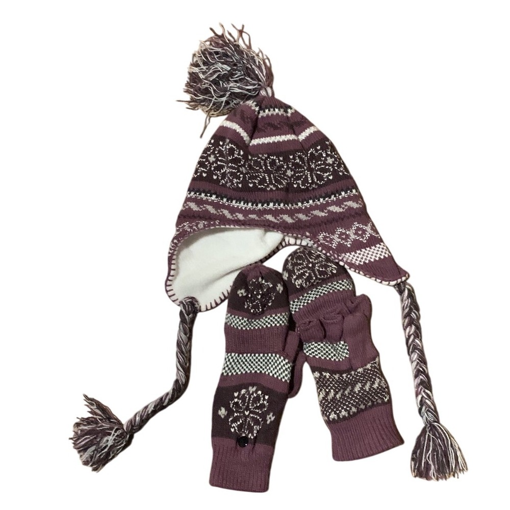 Hat and‎ Mitten Set Winter Knitted Trapper Hat with Braids & Pom Warm